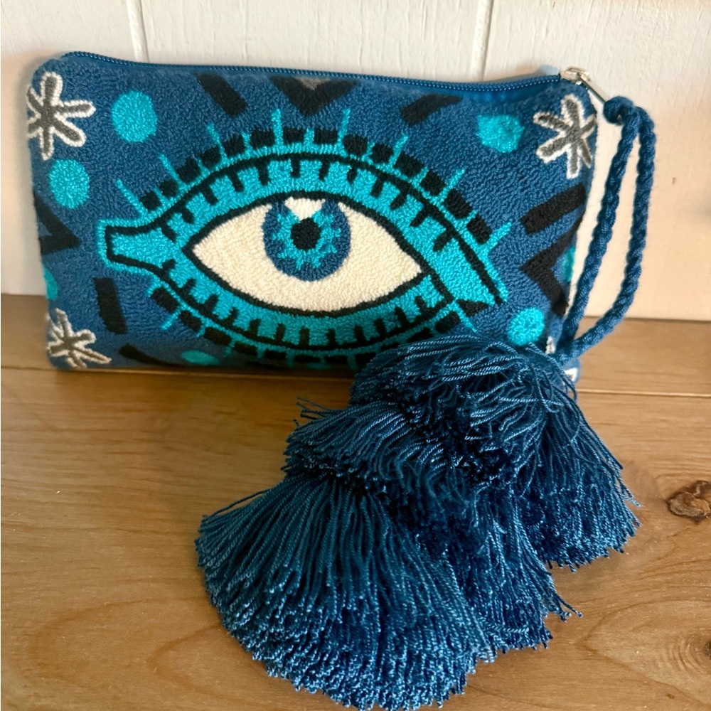 Wayuu Tribe Teal Blue Eye Embroidered Clutch with Tassels